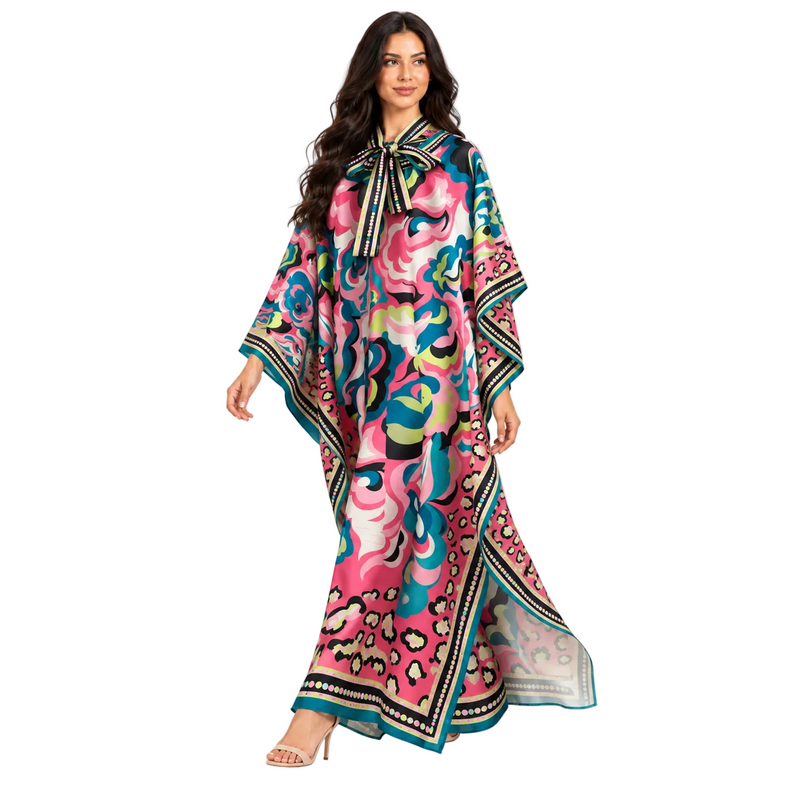 Elegant Pink Abstract Floral Satin Kaftan-3