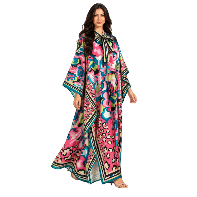 Elegant Pink Abstract Floral Satin Kaftan-2