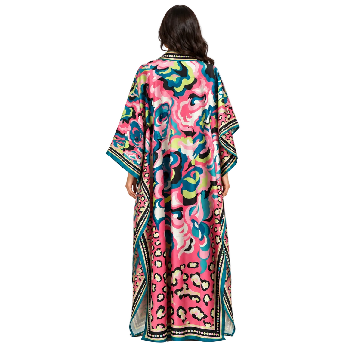 Elegant Pink Abstract Floral Satin Kaftan-4