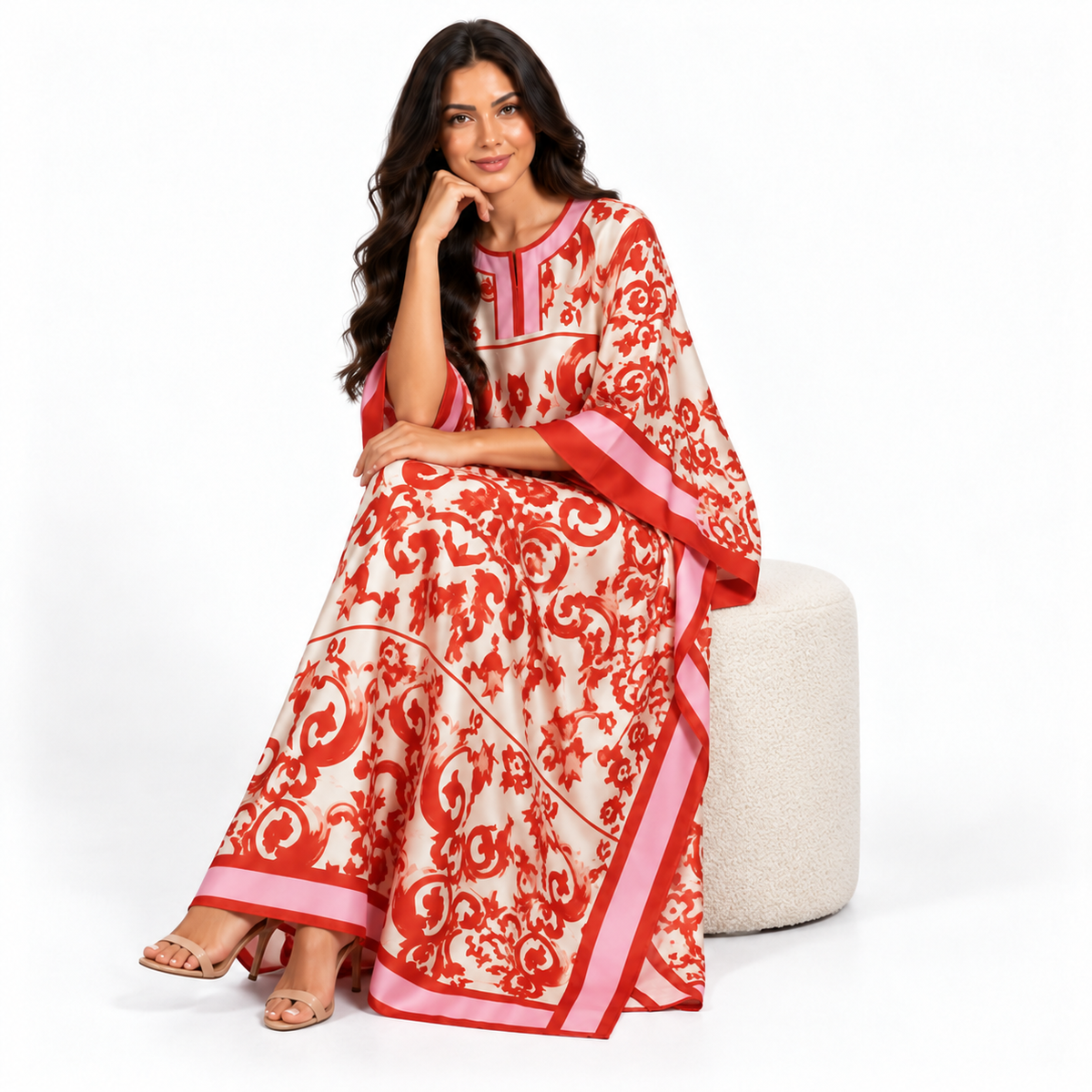 Red Floral Printed Plus Size Kaftan