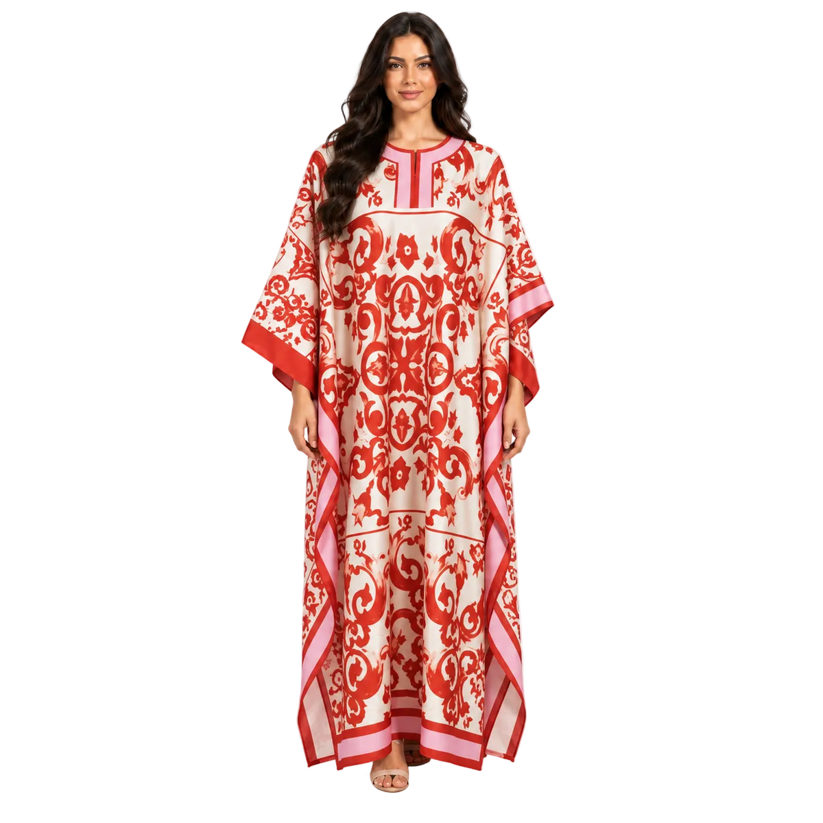 Elegant Red Floral Printed Satin Kaftan-1
