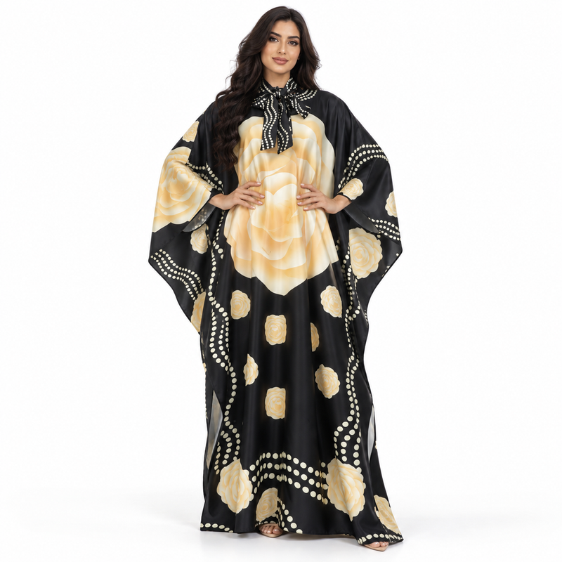 Elegant Black Floral Printed Satin Kaftan-1