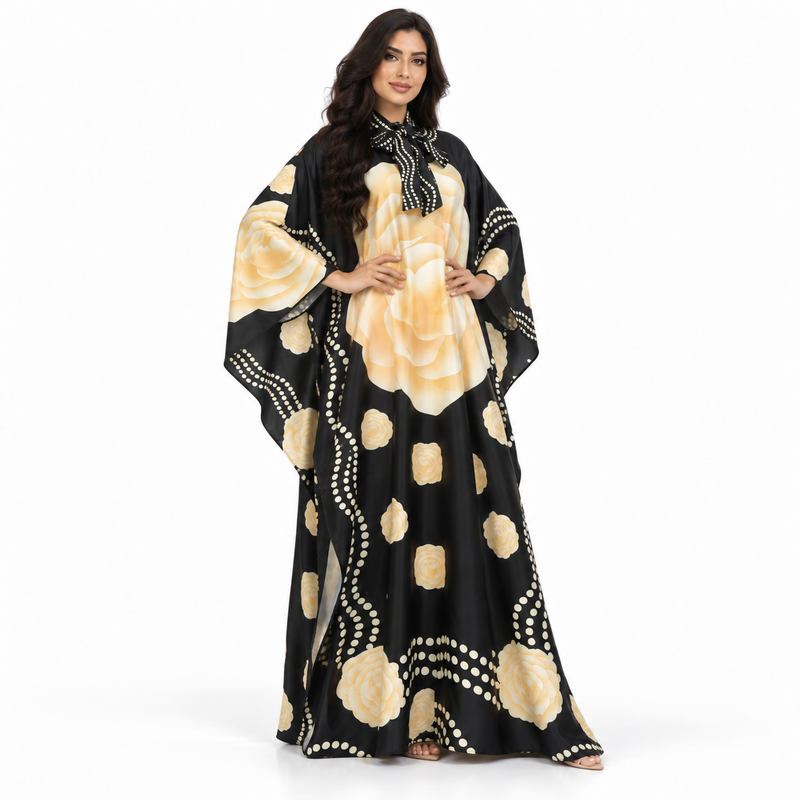 Elegant Black Floral Printed Satin Kaftan-2