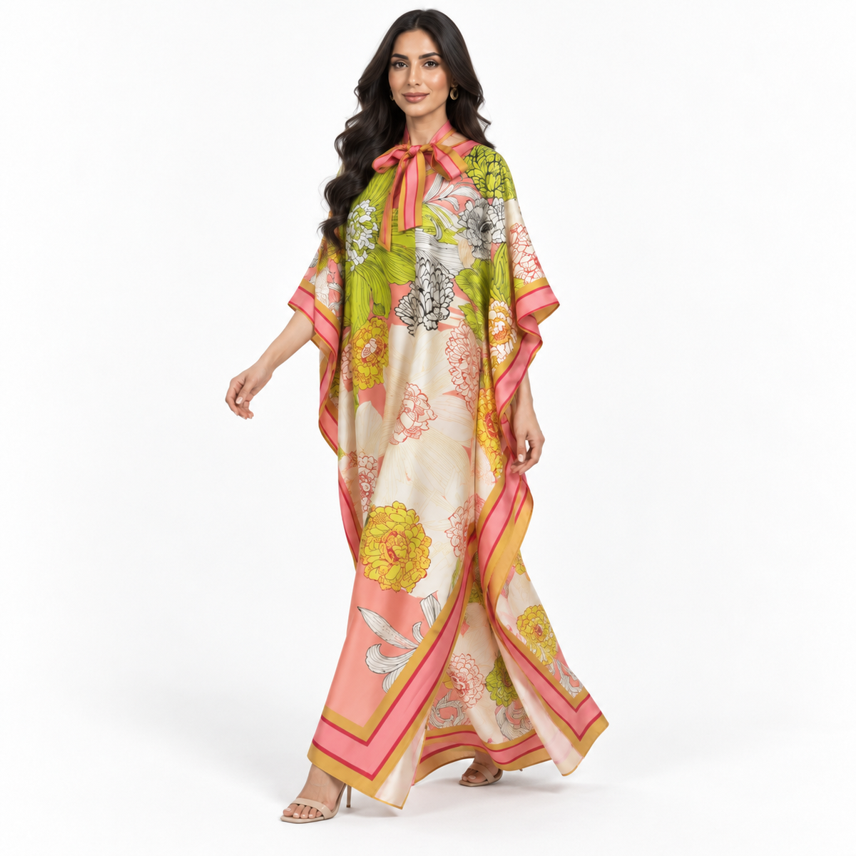 Elegant Floral Print Satin Maxi Kaftan-2