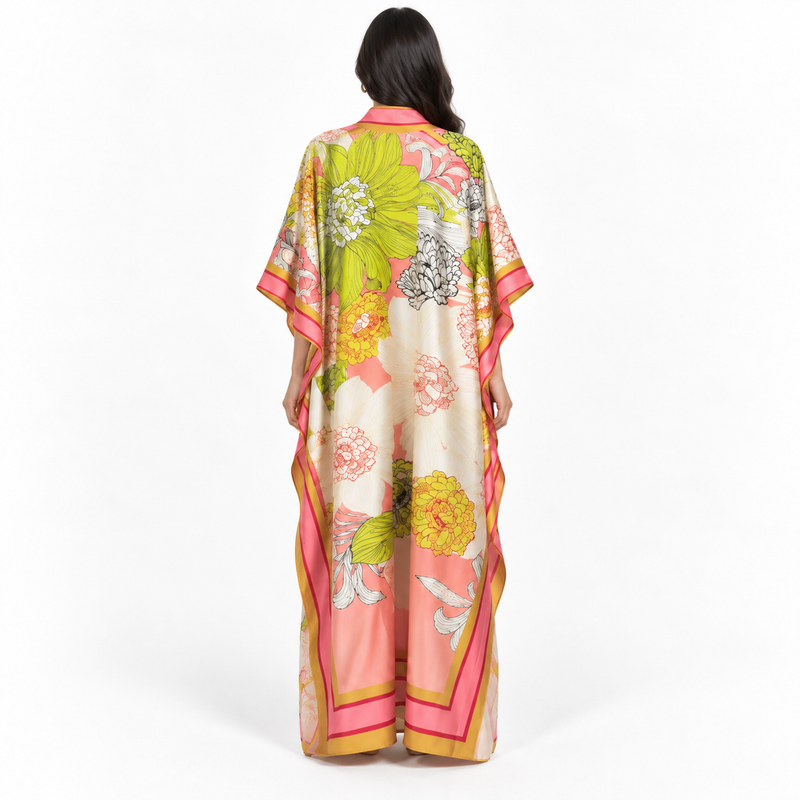 Elegant Floral Print Satin Maxi Kaftan-4