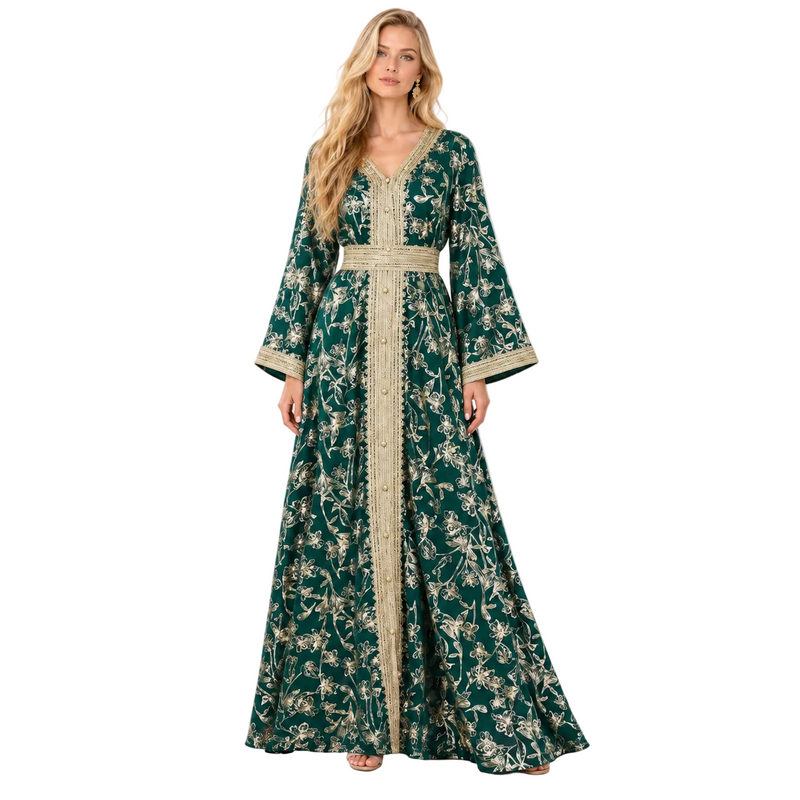 Emerald Green Gold Embroidered Moroccan Kaftan-1
