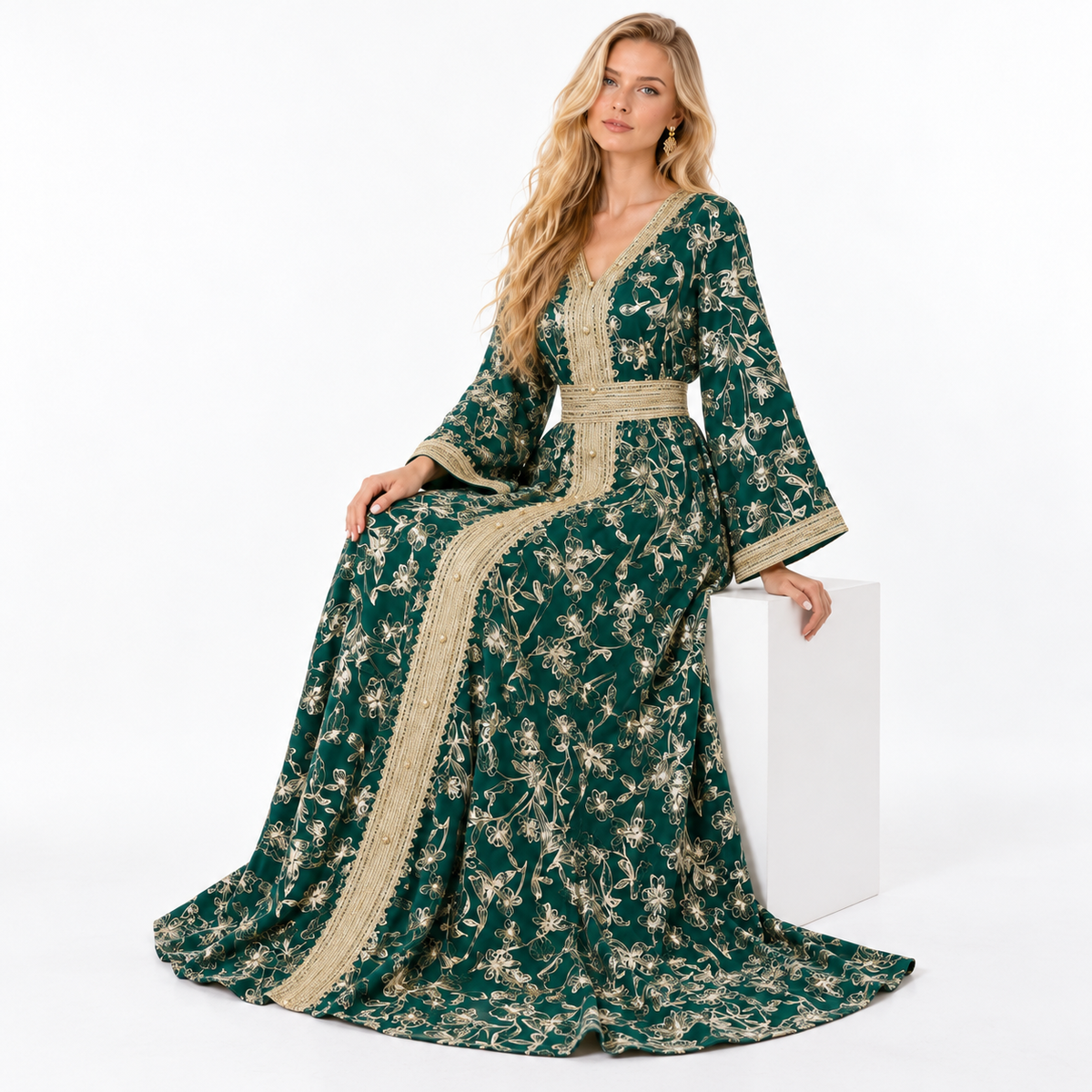 Emerald Green Gold Embroidered Moroccan Kaftan-3