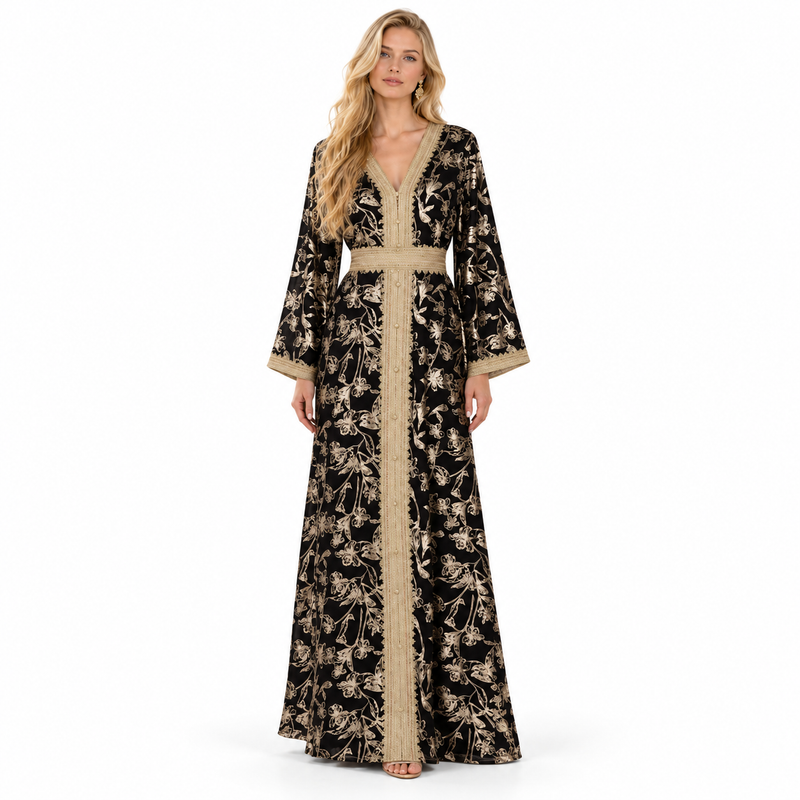 Black Gold Embroidered Luxury Moroccan Kaftan-1