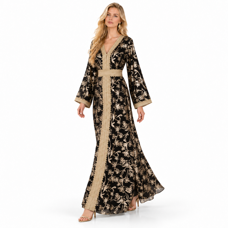 Black Gold Embroidered Luxury Moroccan Kaftan-3