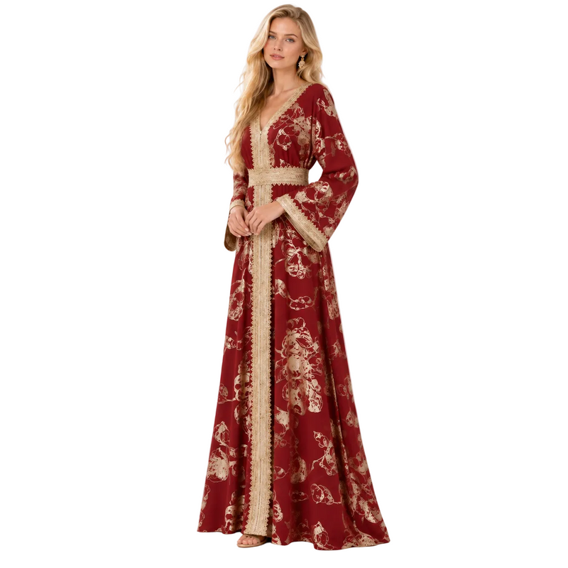 Red Gold Embroidered Luxury Gamis Kaftan-2