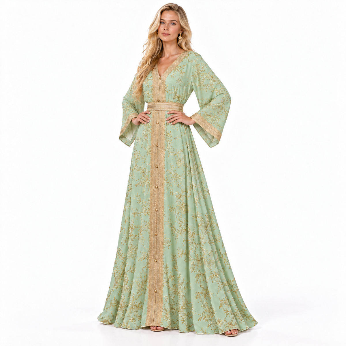 Mint Green Gold Embroidered Gamis Kaftan-3