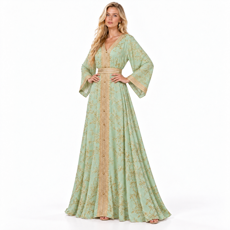 Mint Green Gold Embroidered Gamis Kaftan-3