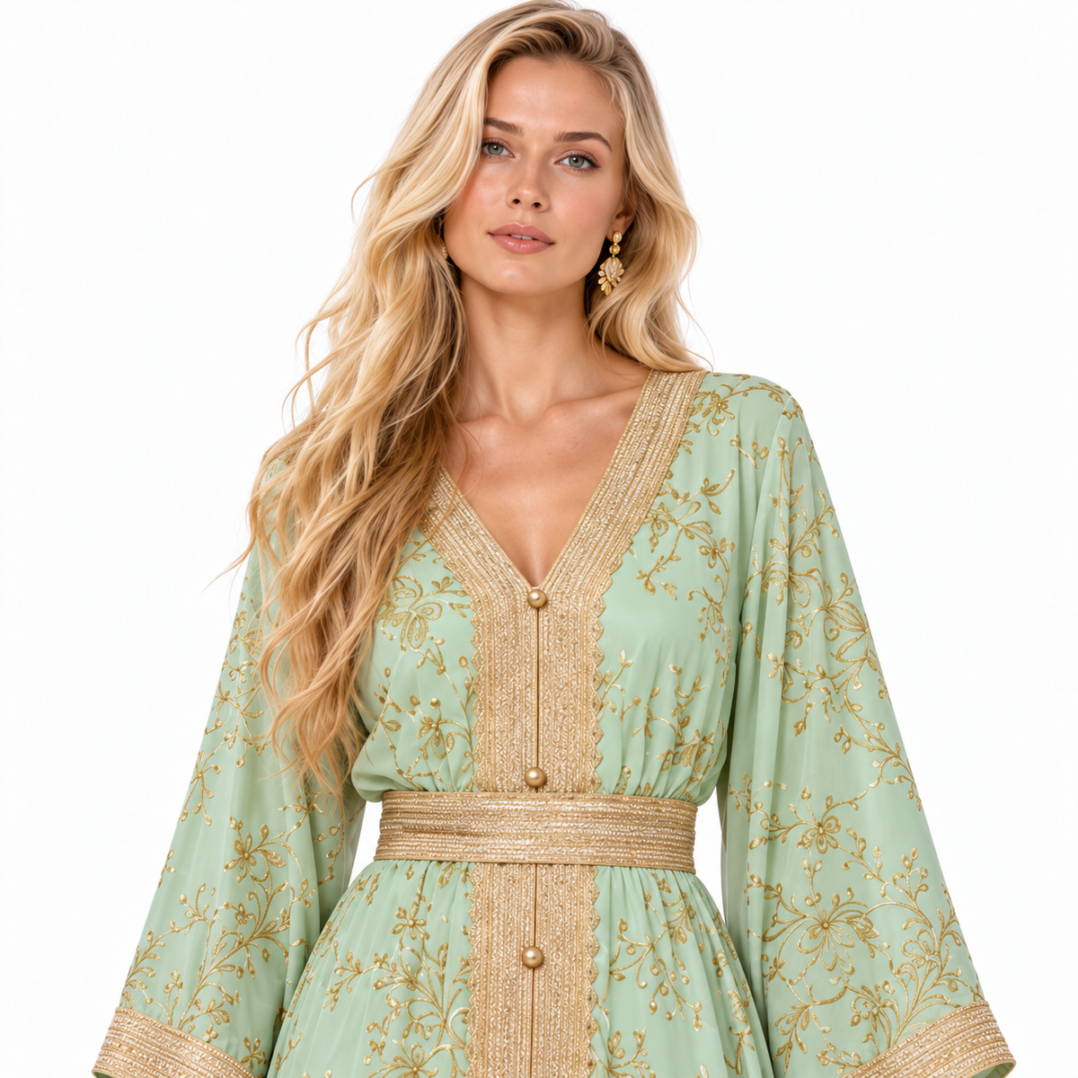 Mint Green Gold Embroidered Gamis Kaftan-4