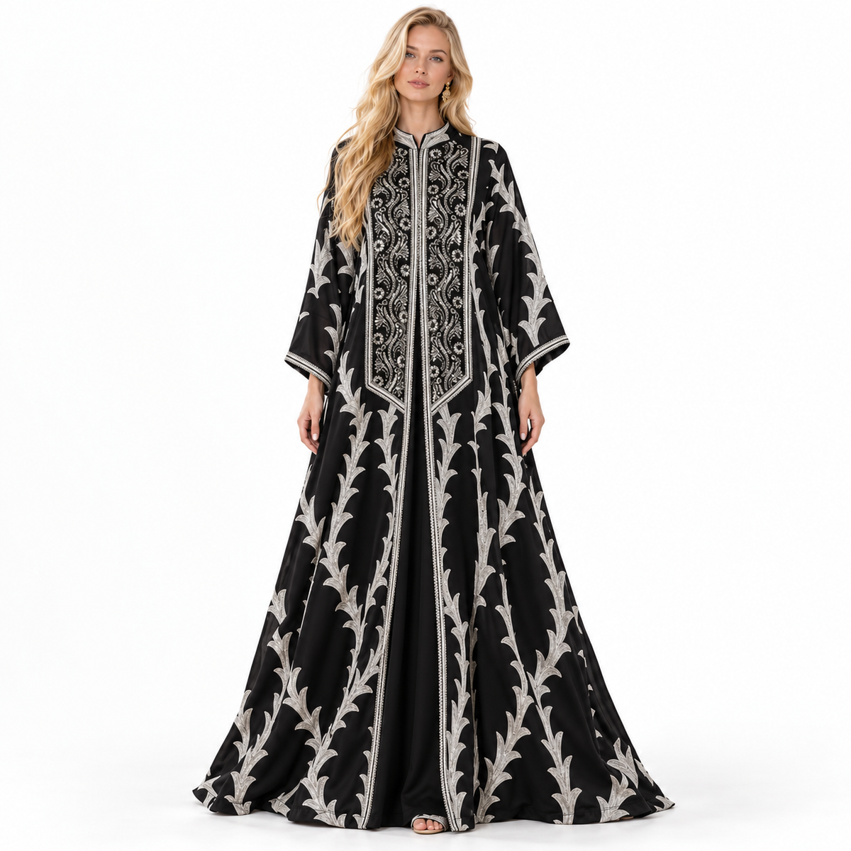 Elegant Black Silver Embroidered Gamis Kaftan-1