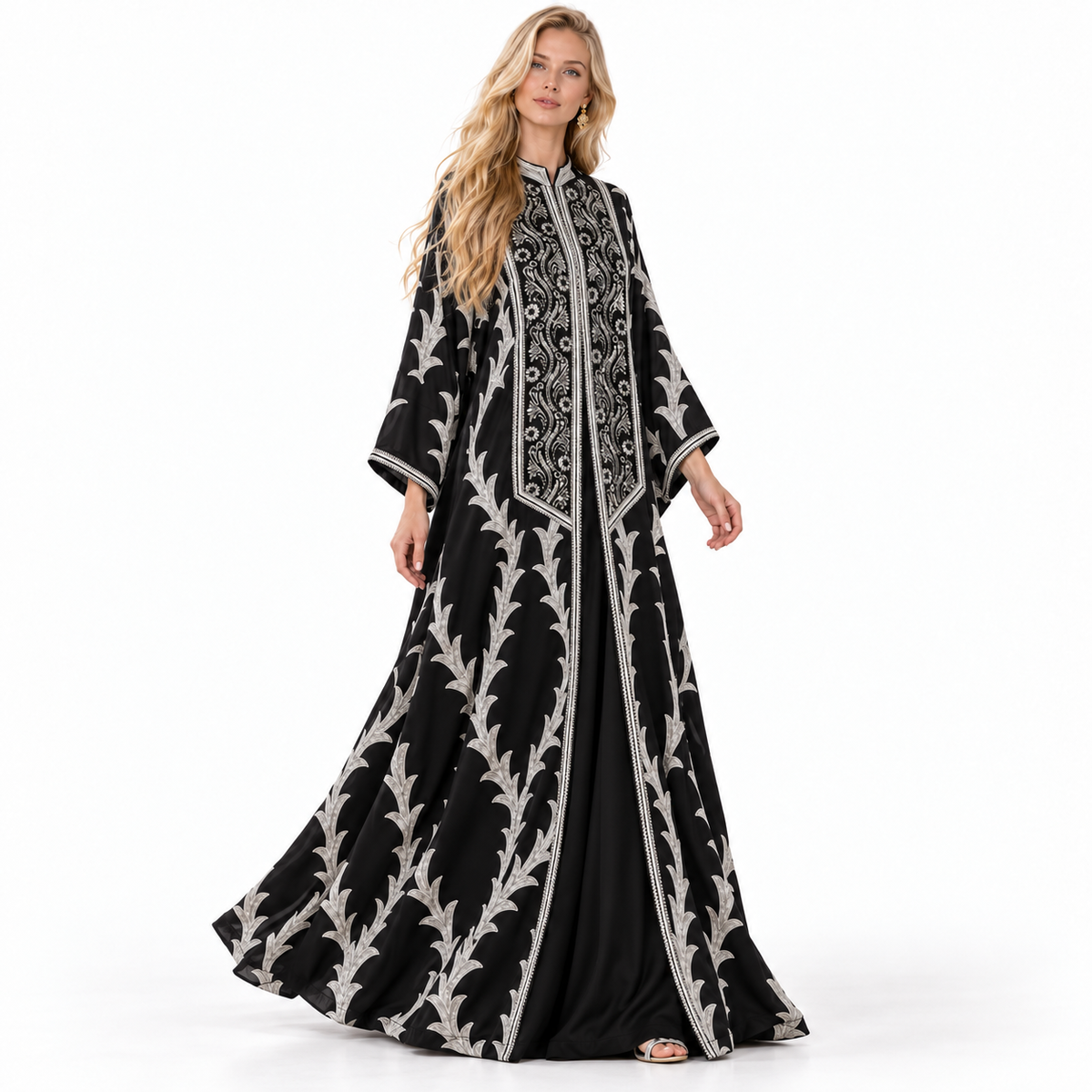 Elegant Black Silver Embroidered Gamis Kaftan-3
