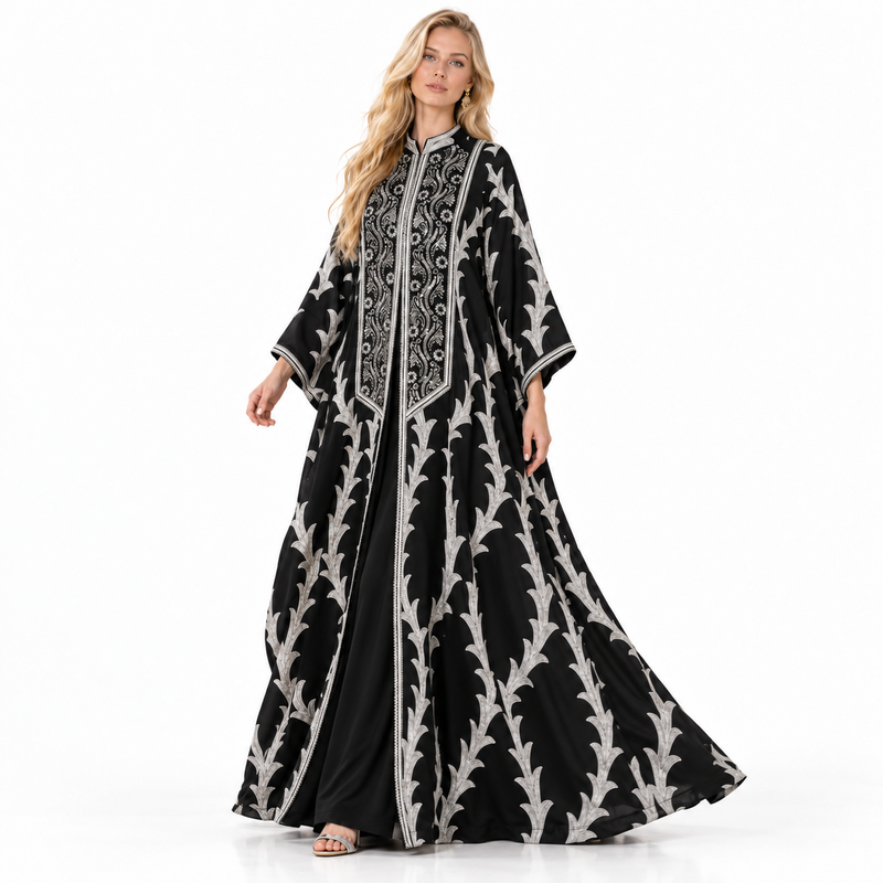 Elegant Black Silver Embroidered Gamis Kaftan-2