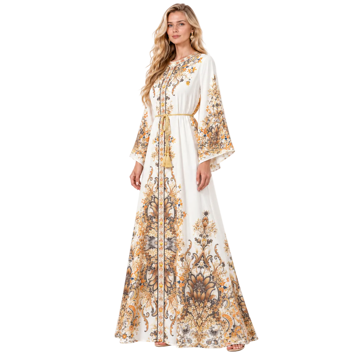 White Floral Printed Elegant Gamis Kaftan-3