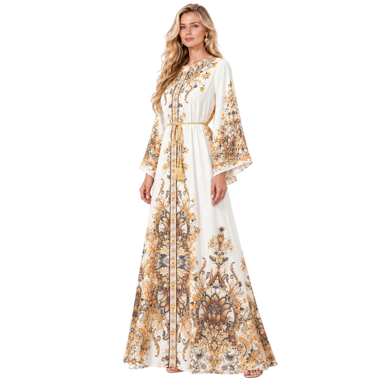 White Floral Printed Elegant Gamis Kaftan-3