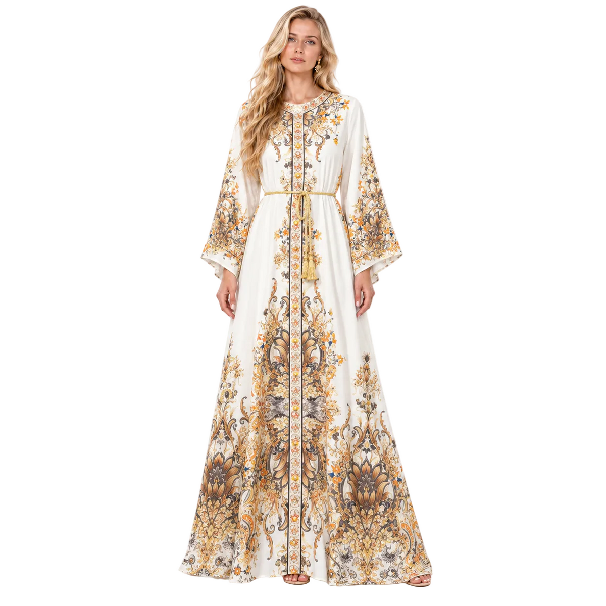 White Floral Printed Elegant Gamis Kaftan-1