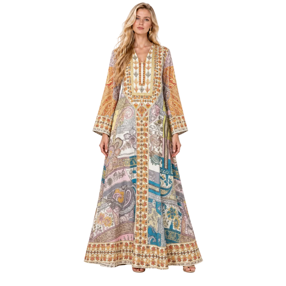 Multicolor Paisley Printed Elegant Gamis Kaftan