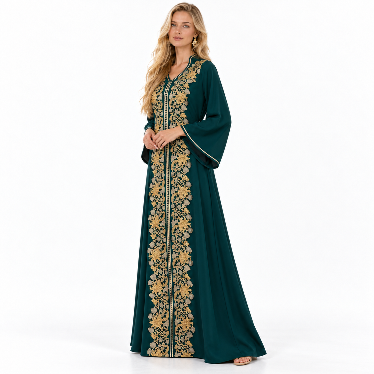 Elegant Emerald Green Gold Embroidered Kaftan-2