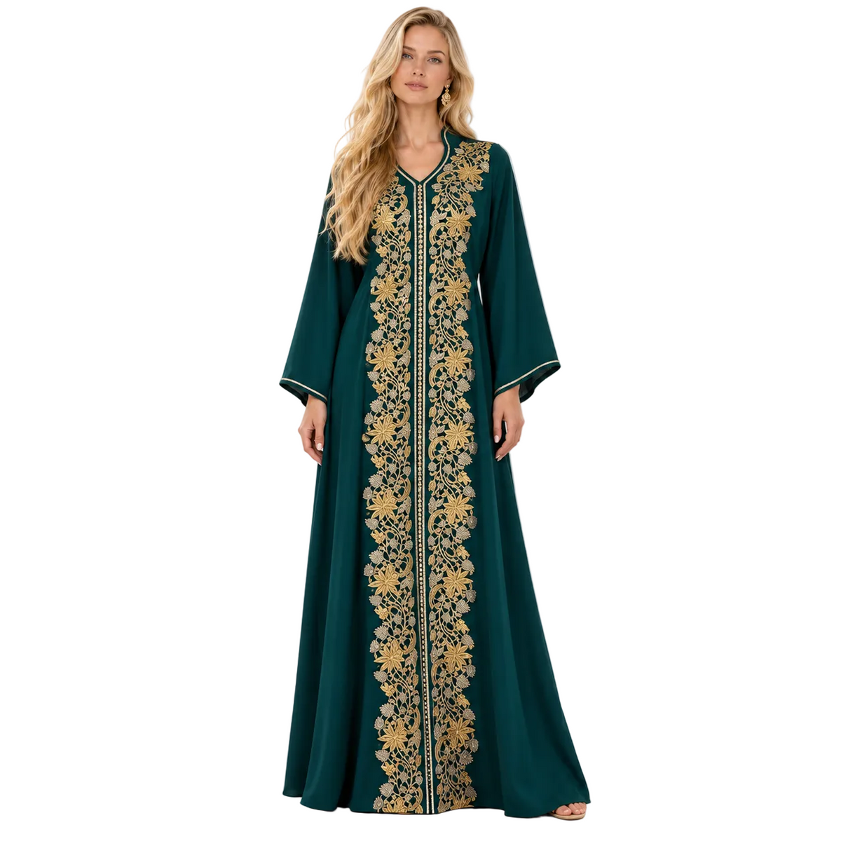 Emerald Green Gold Embroidered Gamis Kaftan