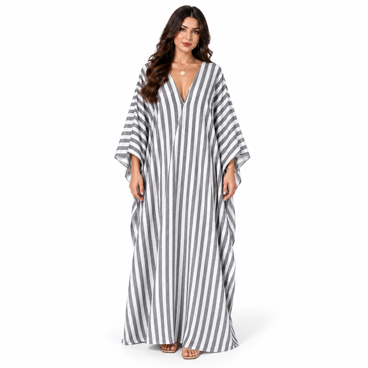 Elegant Grey White Striped Maxi Kaftan-1