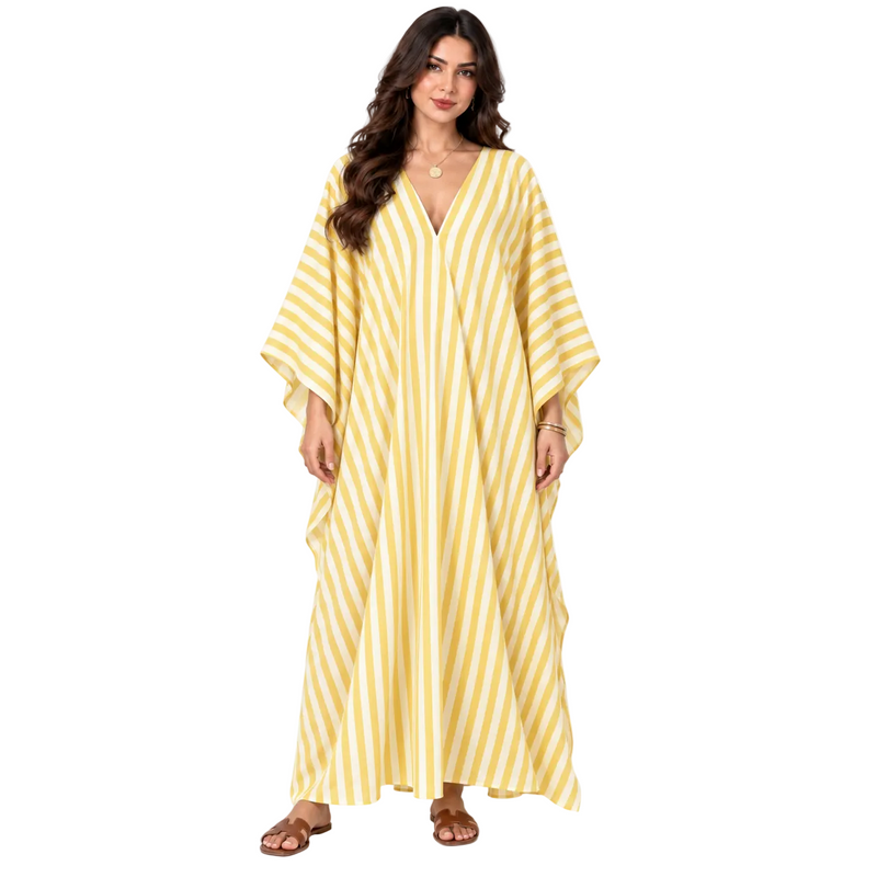 Yellow Striped Batwing Sleeve Maxi Kaftan-1