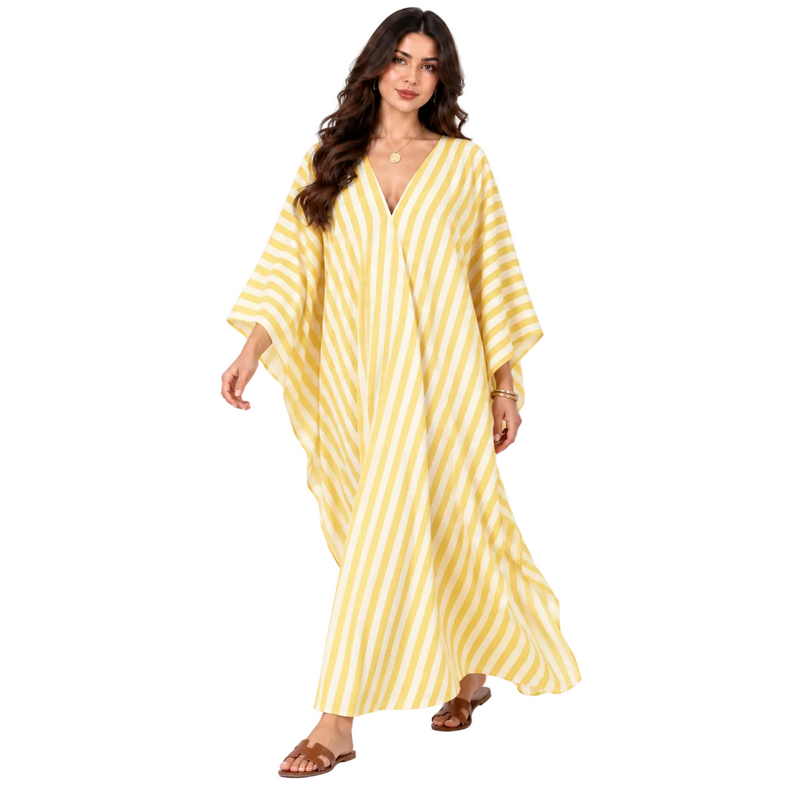 Yellow Striped Batwing Sleeve Maxi Kaftan-3