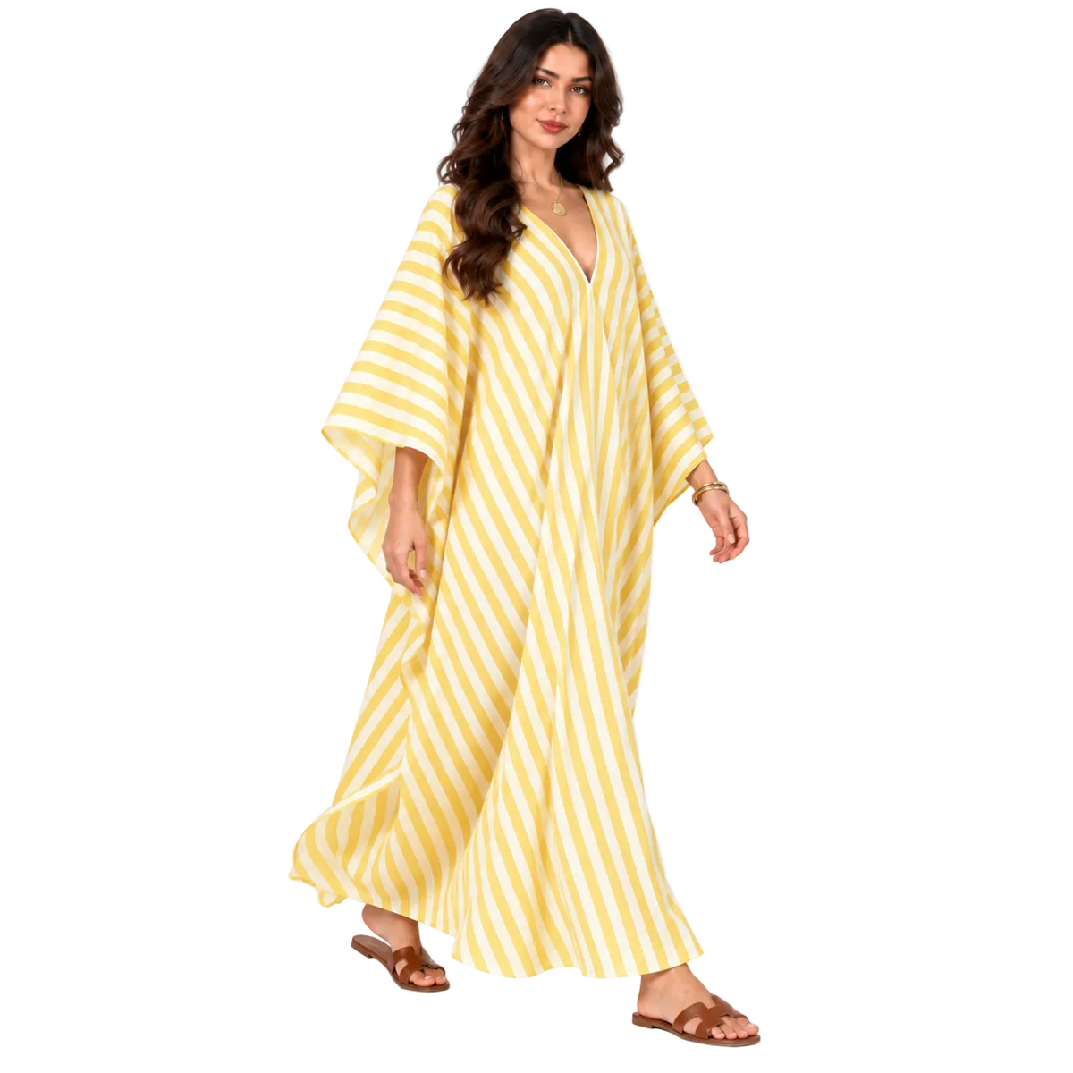 Yellow Striped Batwing Sleeve Maxi Kaftan-2
