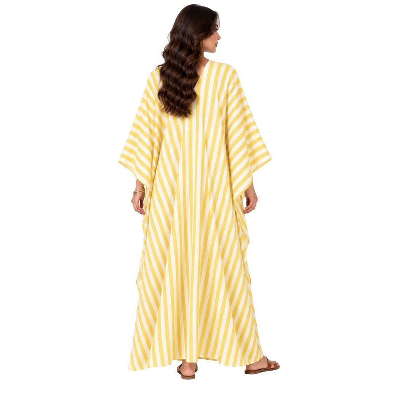 Yellow Striped Batwing Sleeve Maxi Kaftan-4