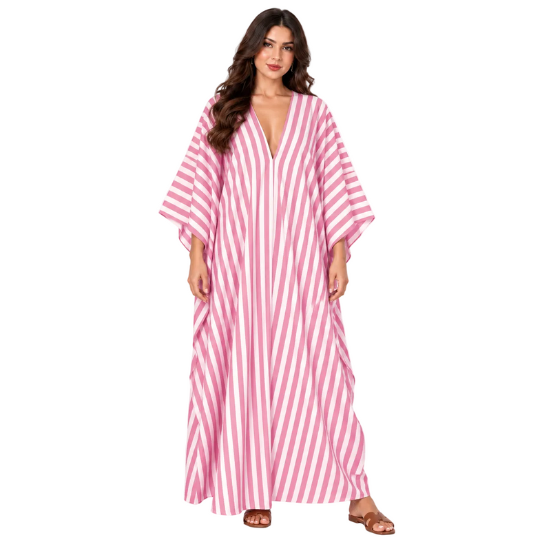 Pink Striped Batwing Sleeve Maxi Kaftan-1