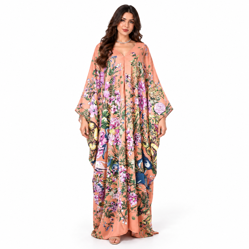 Elegant Peach Floral Print Maxi Kaftan-1