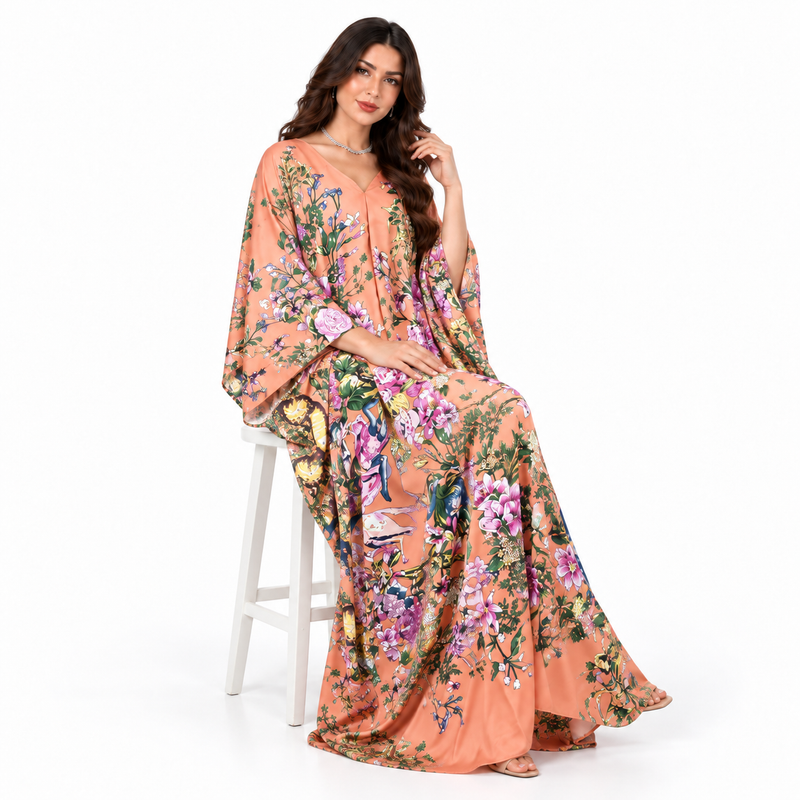 Elegant Peach Floral Print Maxi Kaftan-2