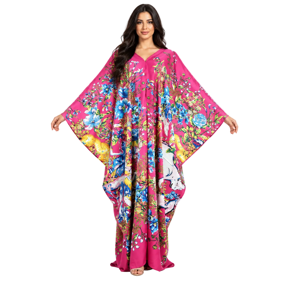 Elegant Fuchsia Floral Print Maxi Kaftan-1