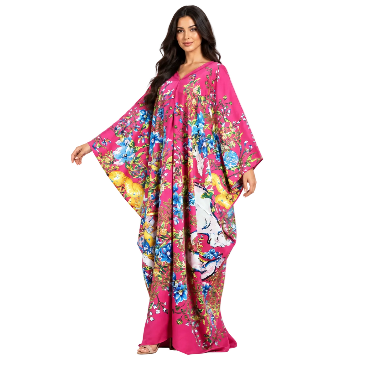 Elegant Fuchsia Floral Print Maxi Kaftan-3