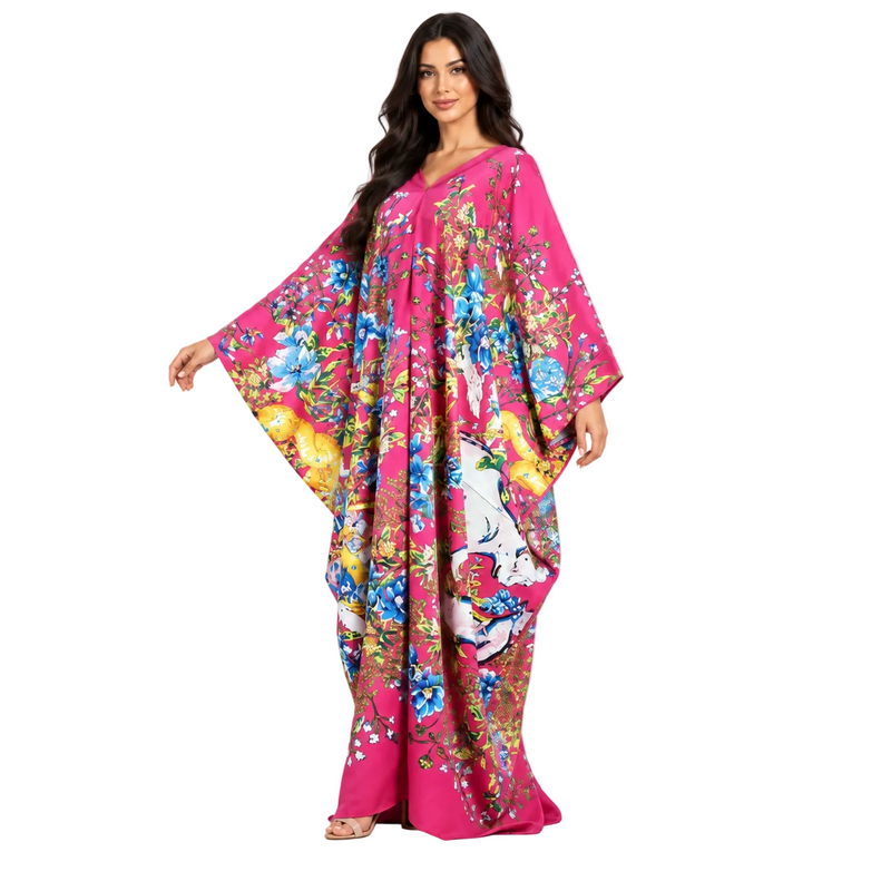 Elegant Fuchsia Floral Print Maxi Kaftan-3