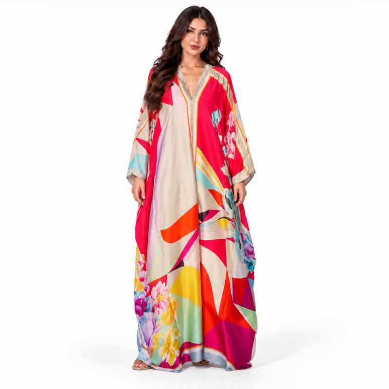 Red Abstract Floral Print Maxi Kaftan-1