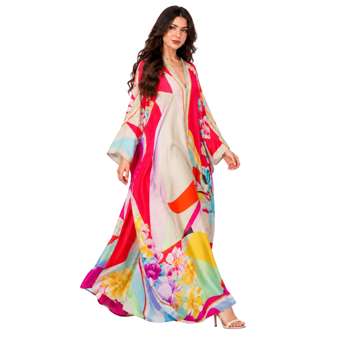 Red Abstract Floral Print Maxi Kaftan-2