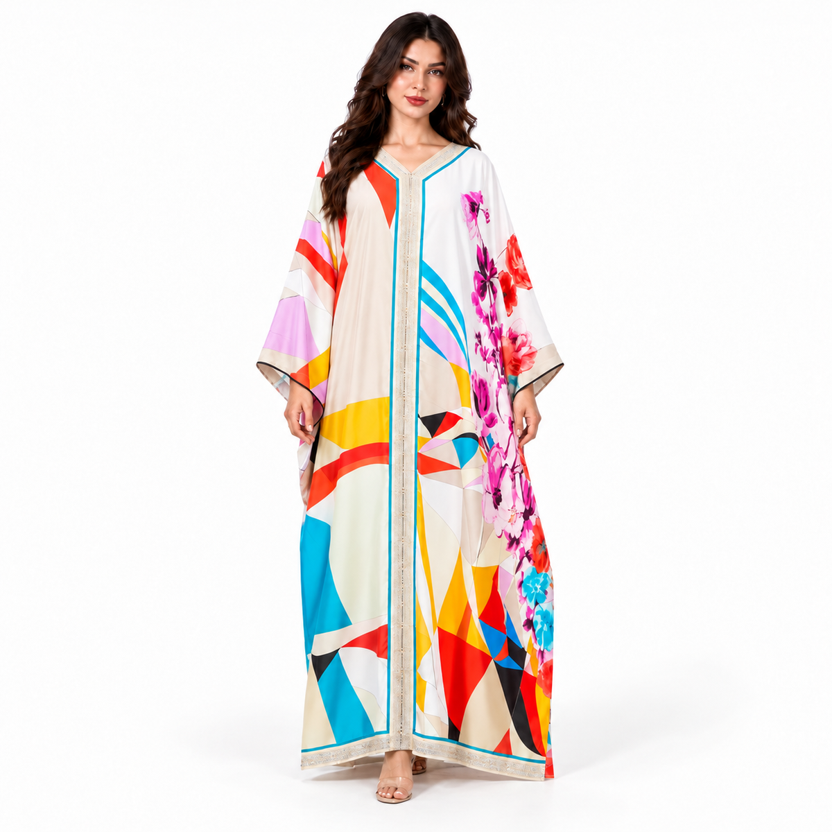 White Floral Geometric Print Luxury Kaftan-1