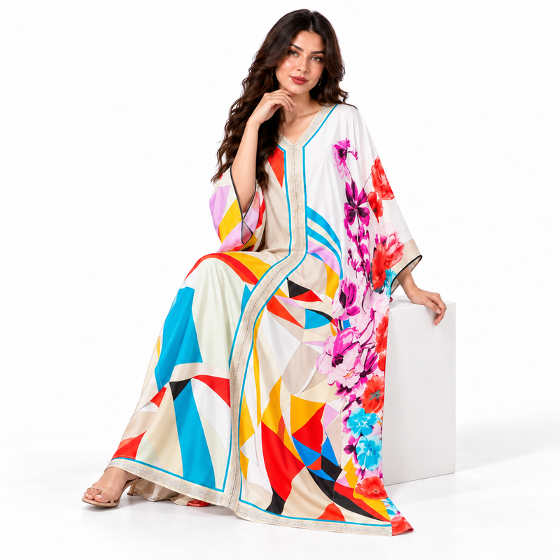 White Floral Geometric Print Luxury Kaftan-3