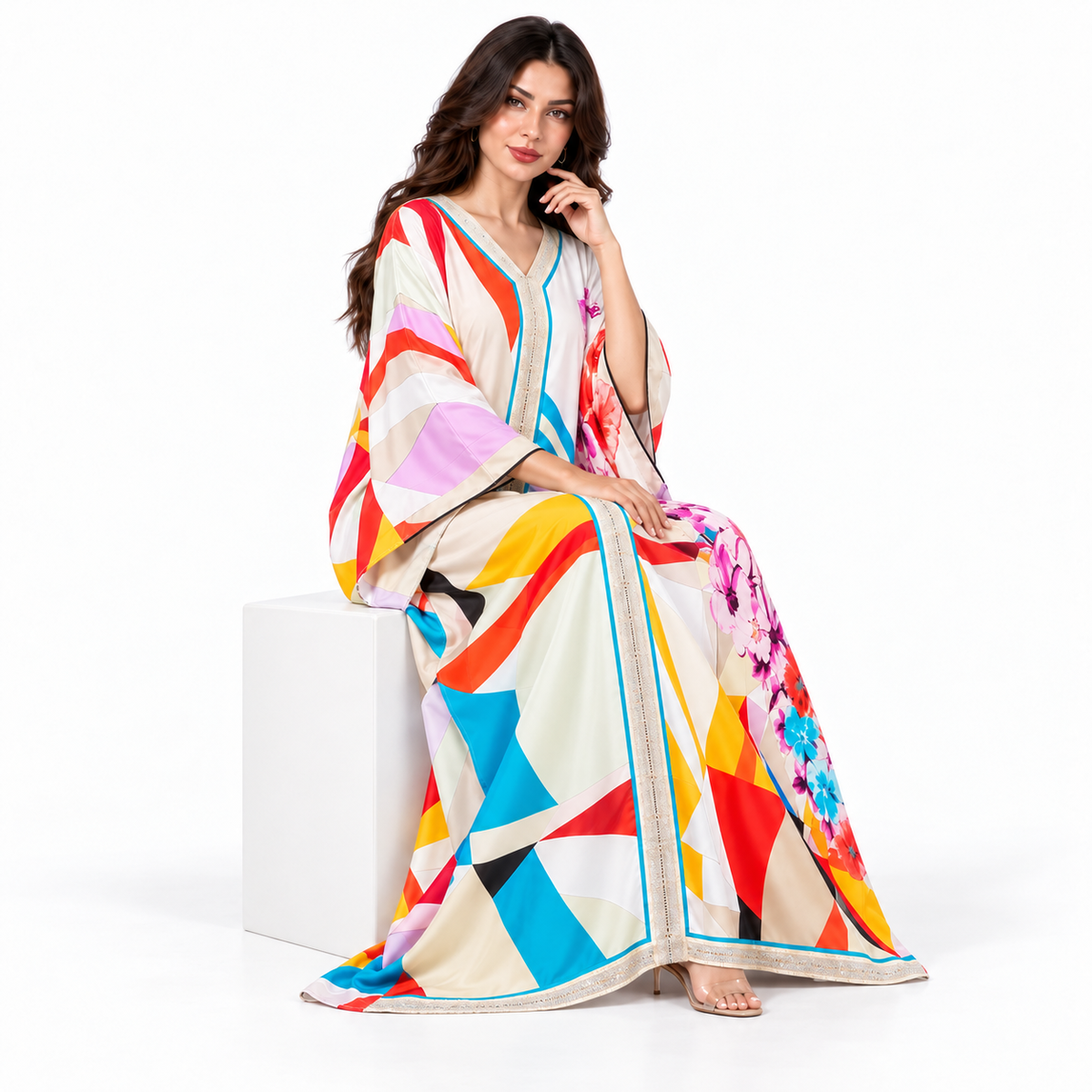 White Floral Geometric Print Luxury Kaftan-2