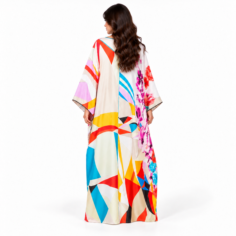 White Floral Geometric Print Luxury Kaftan-4