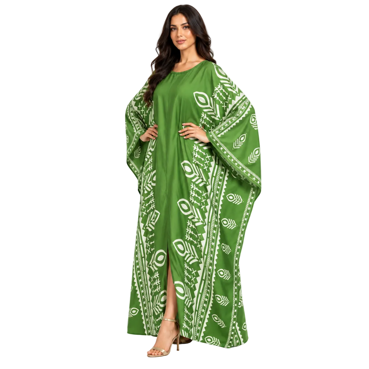 Green Geometric Printed Luxury Batwing Kaftan-3