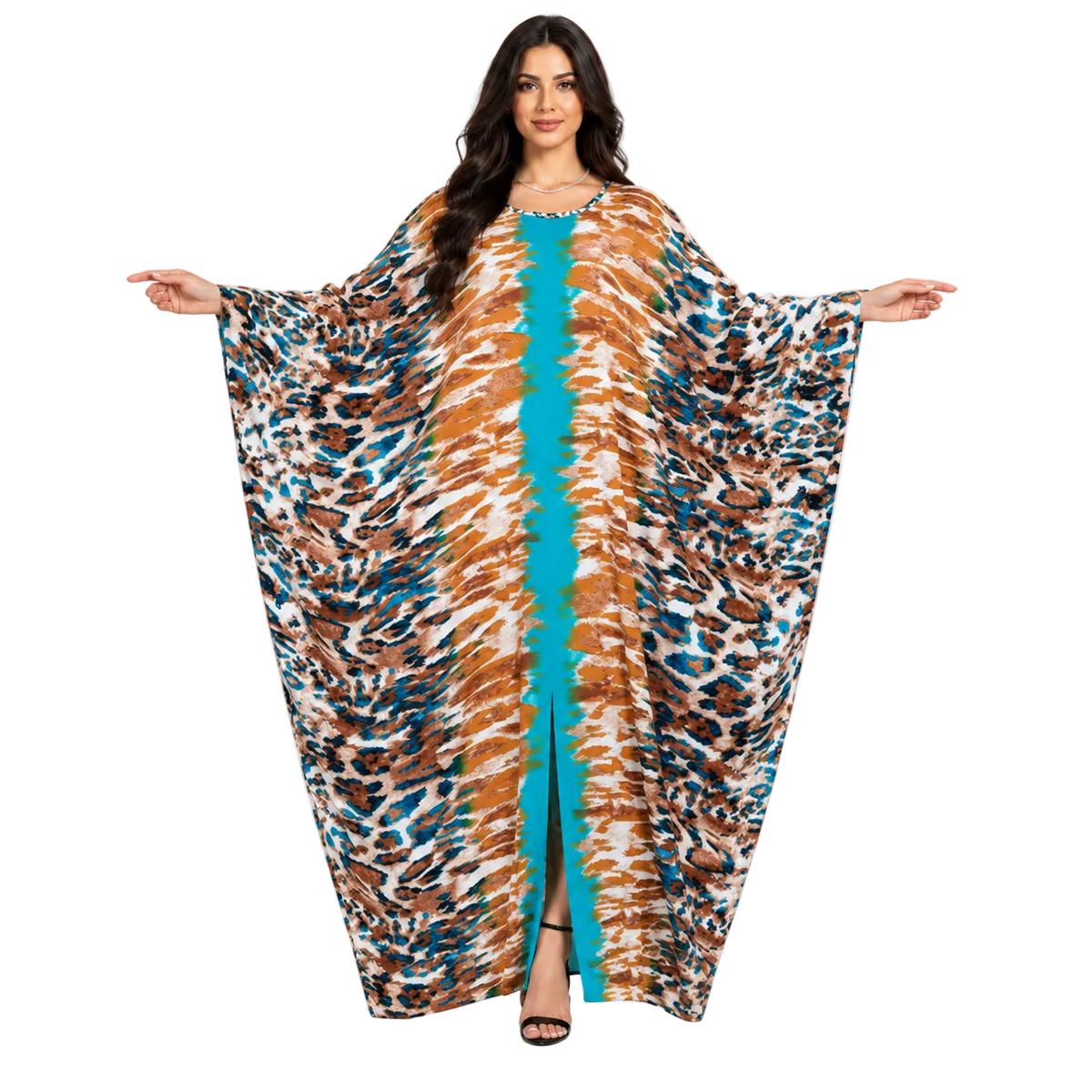 Turquoise Animal Print Luxury Batwing Kaftan-1