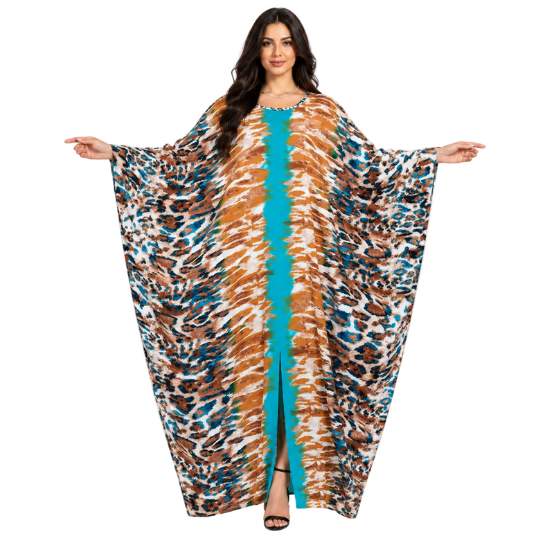 Turquoise Animal Print Luxury Batwing Kaftan-1