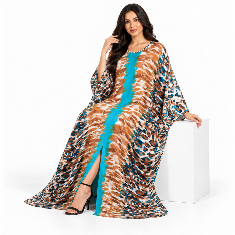 Turquoise Animal Print Luxury Batwing Kaftan-3