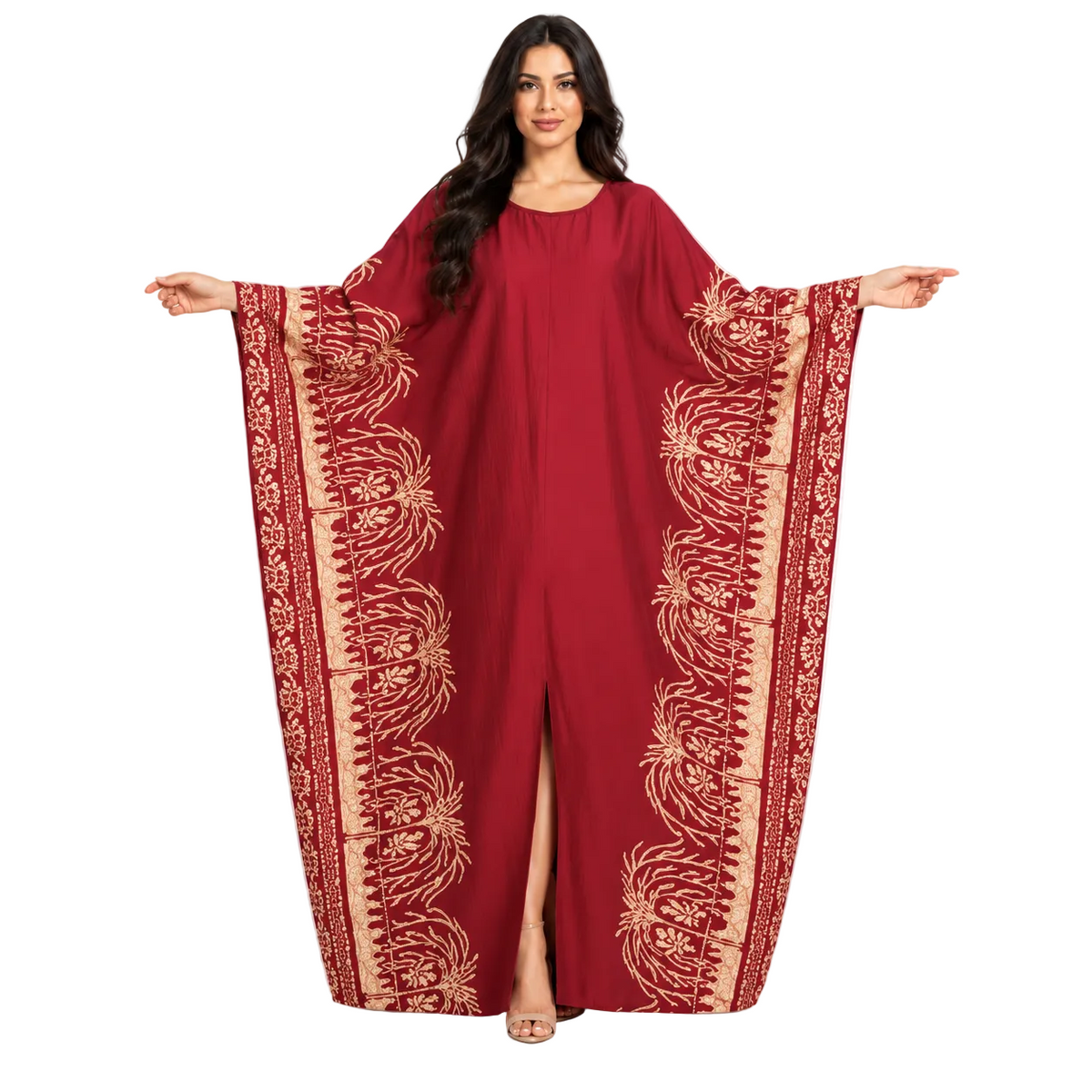 Burgundy Gold Floral Embroidered Luxury Kaftan-1
