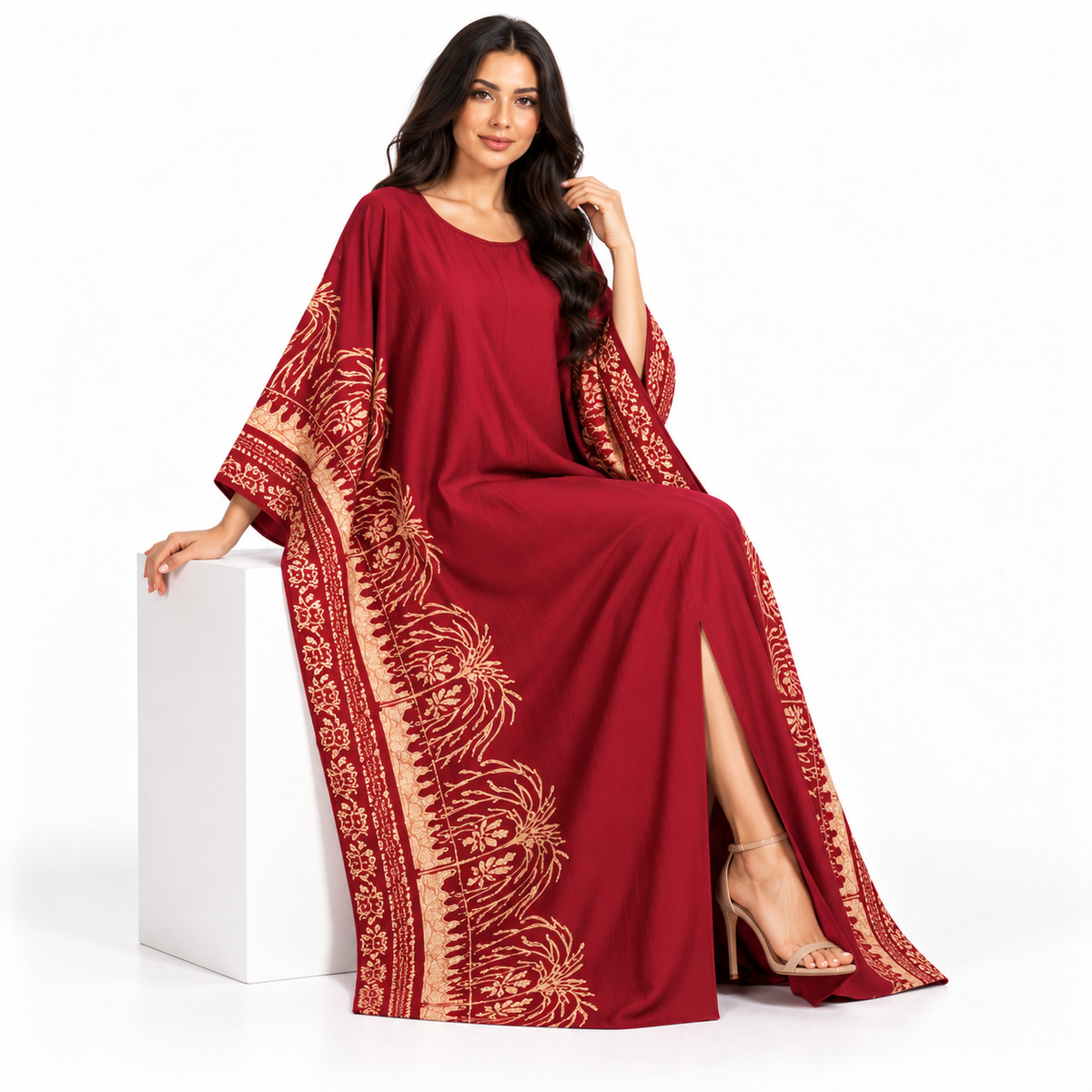 Burgundy Gold Floral Embroidered Luxury Kaftan-3