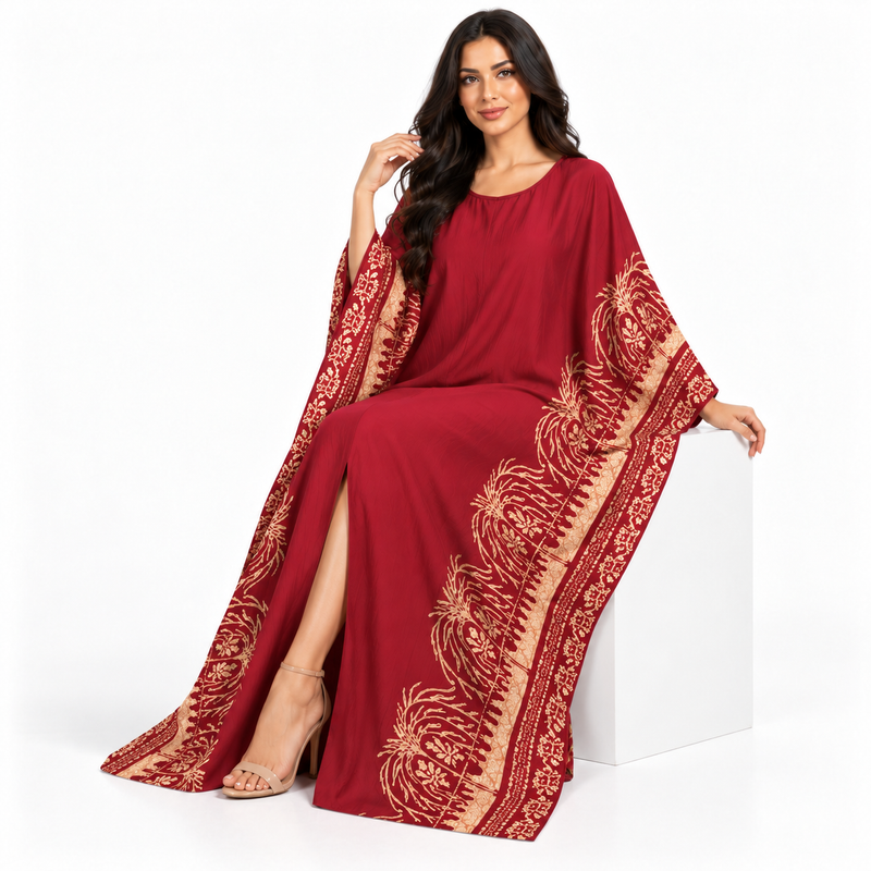 Burgundy Gold Floral Embroidered Luxury Kaftan-2